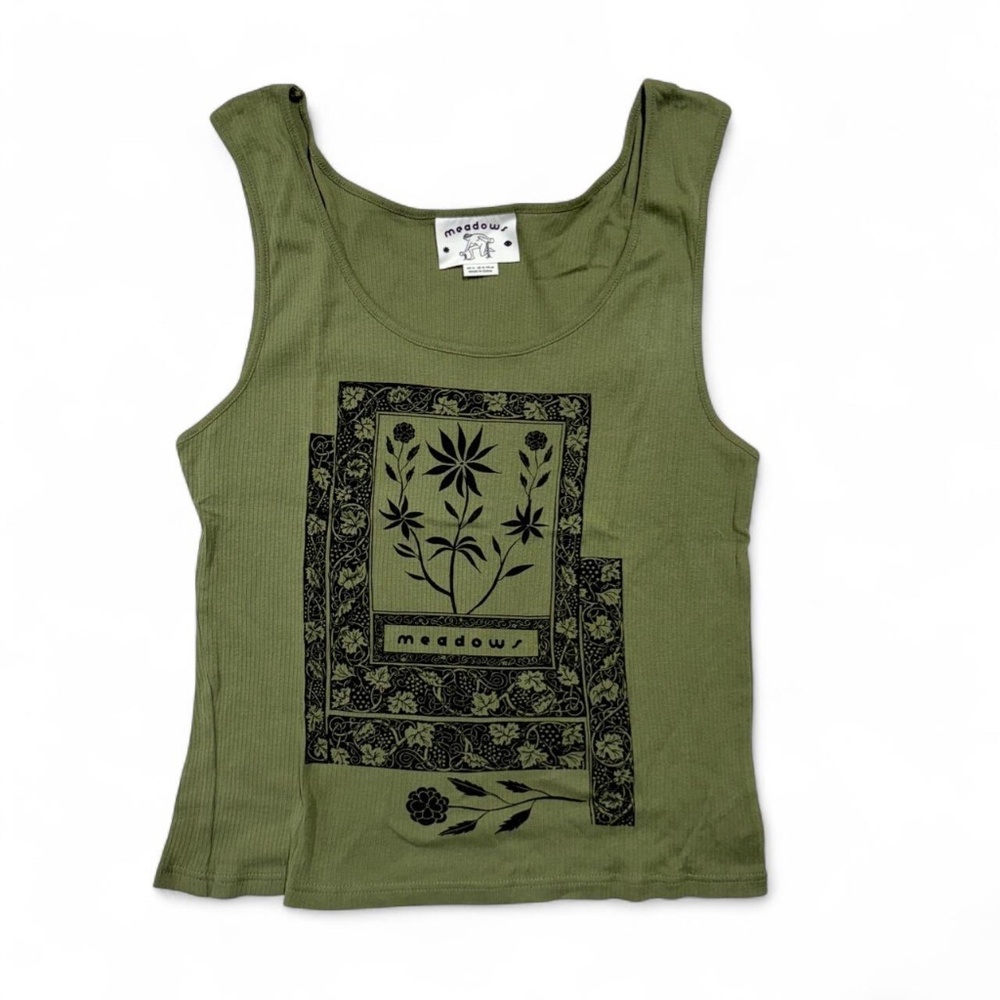SOLD‼️Meadows Green Ribbed Tank Top with Folk Motif